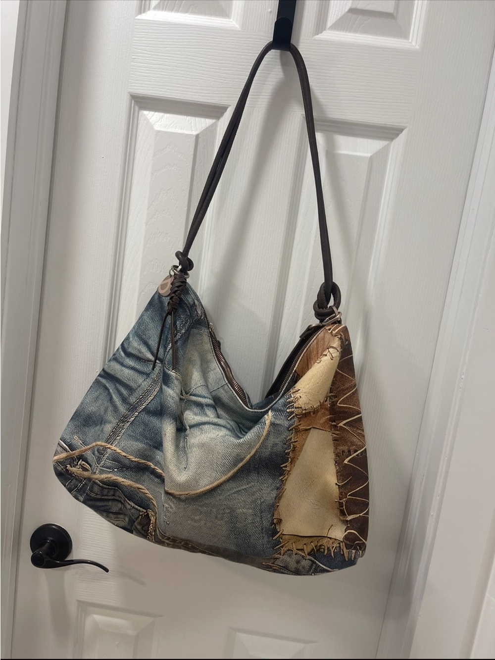 Desigual Blue Denim-Style Hobo with Brown Patchwork Accents - Picture 4 of 8